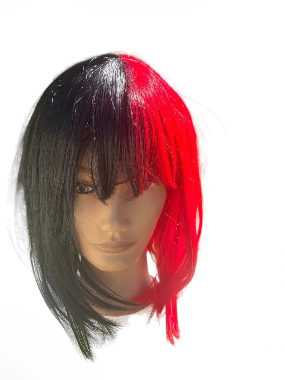 Split half red & half black synthetic angled straight bob wig with bangs